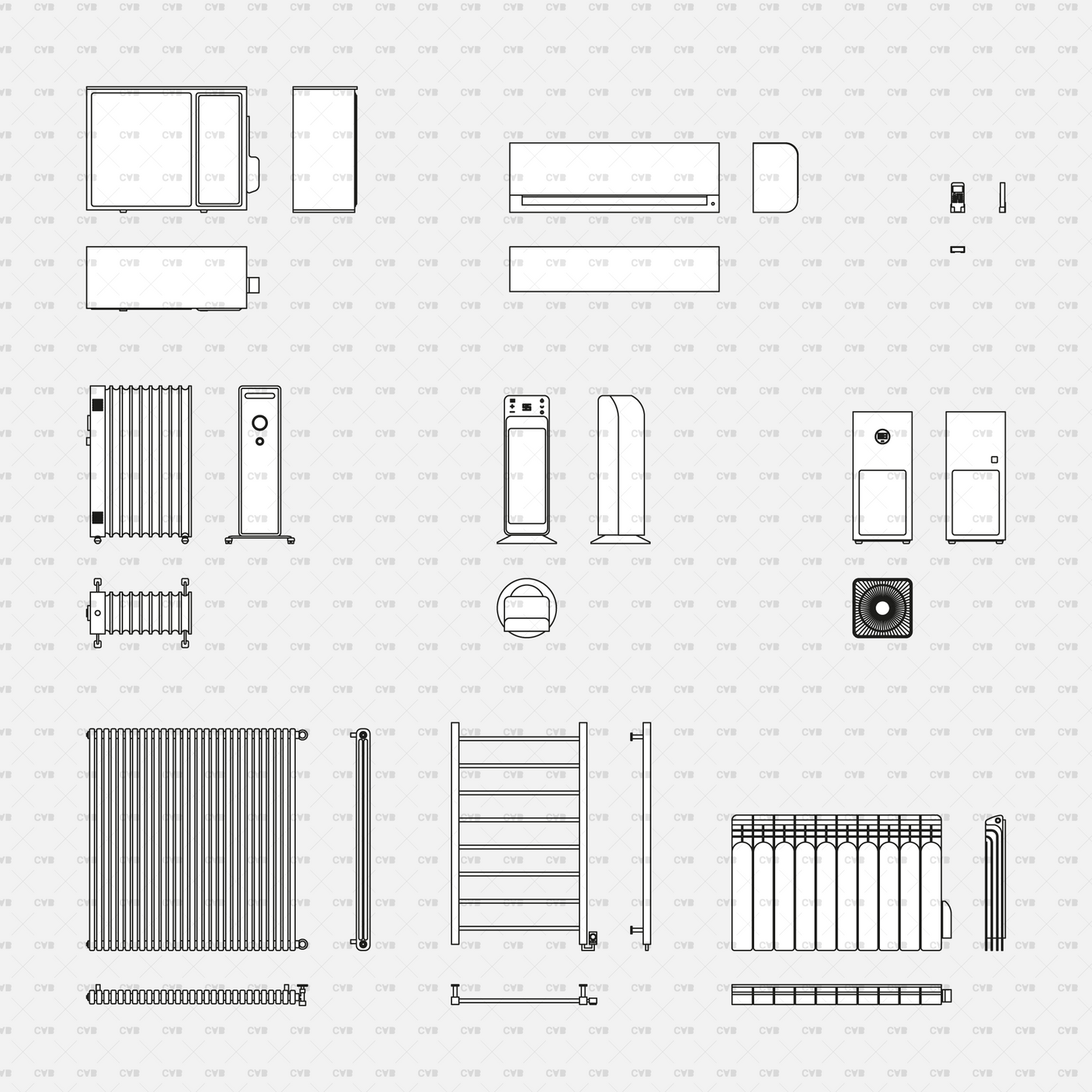 dynamic cad blocks and vector AC, Heating System, and Air Purifiers appliance electric fixture