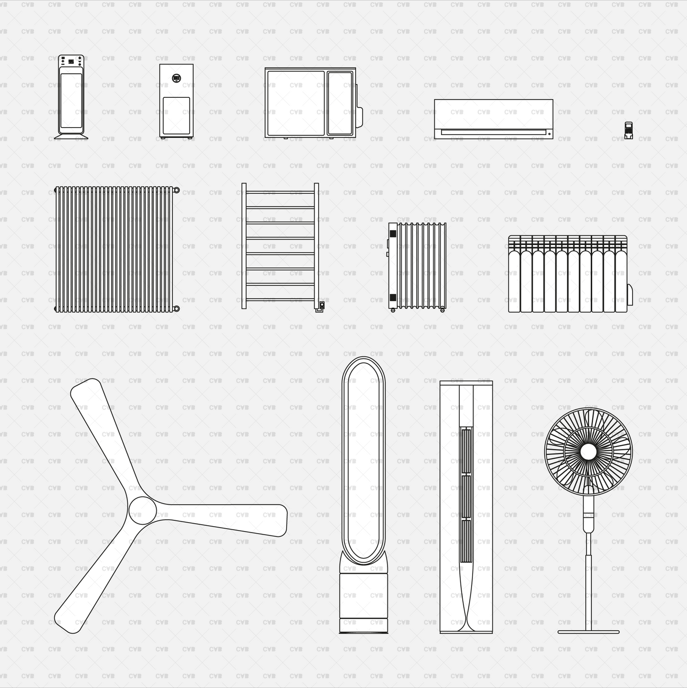 dynamic cad blocks and vector AC, Heating System, and Air Purifiers appliance electric fixture