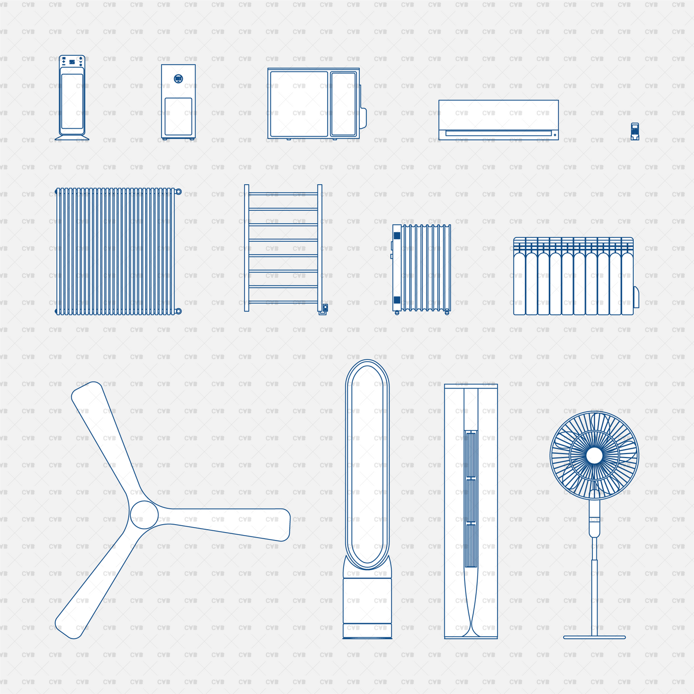 dynamic cad blocks and vector AC, Heating System, and Air Purifiers appliance electric fixture