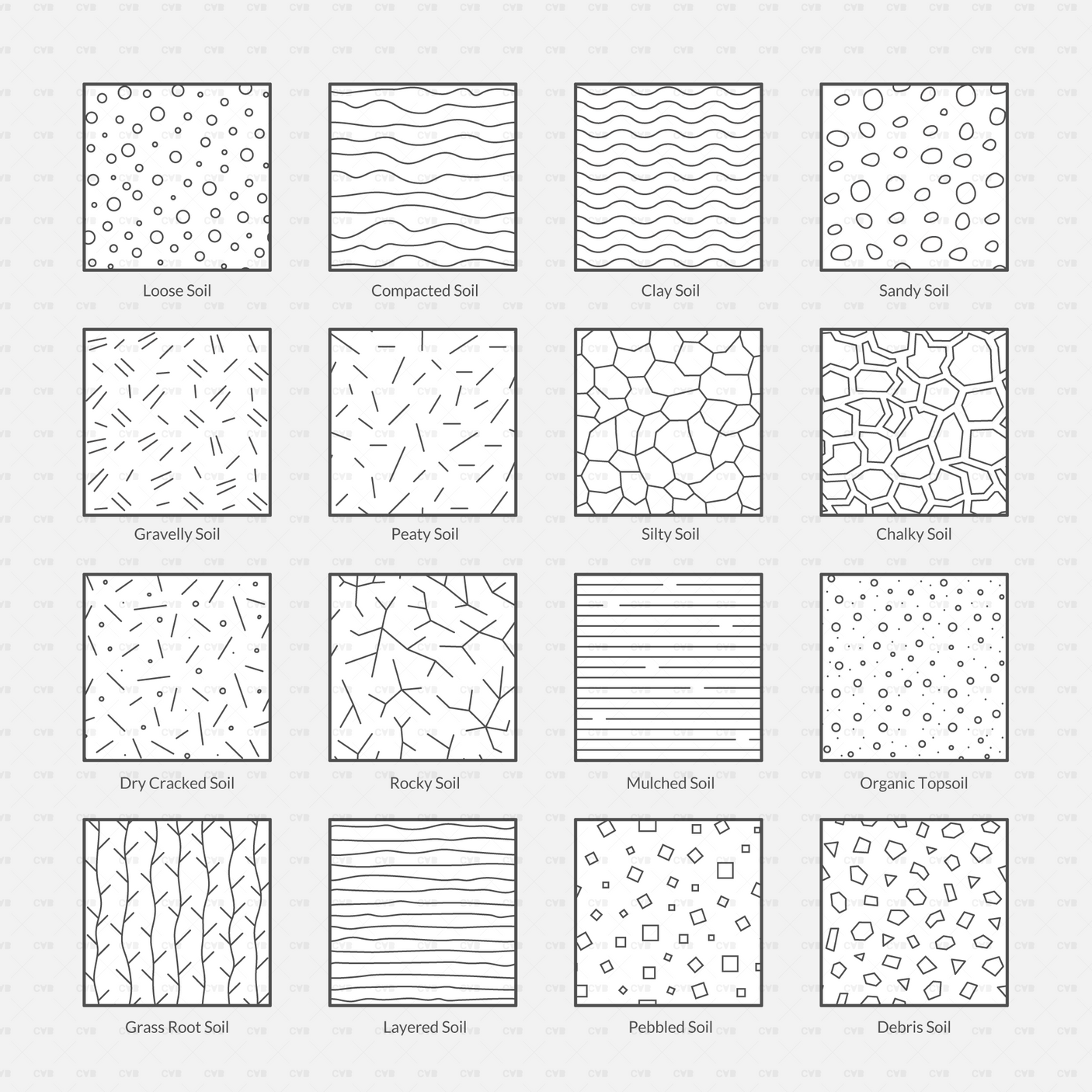 Vector Illustrator Pattern Library Soil and Earth CADasbuilt AI SVG Overview Of 16 Soil And Earth Pattern Swatches