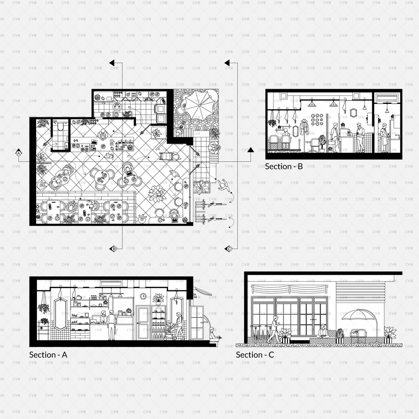 CAD and Vector Coffee Shop Template (145 CAD Blocks)