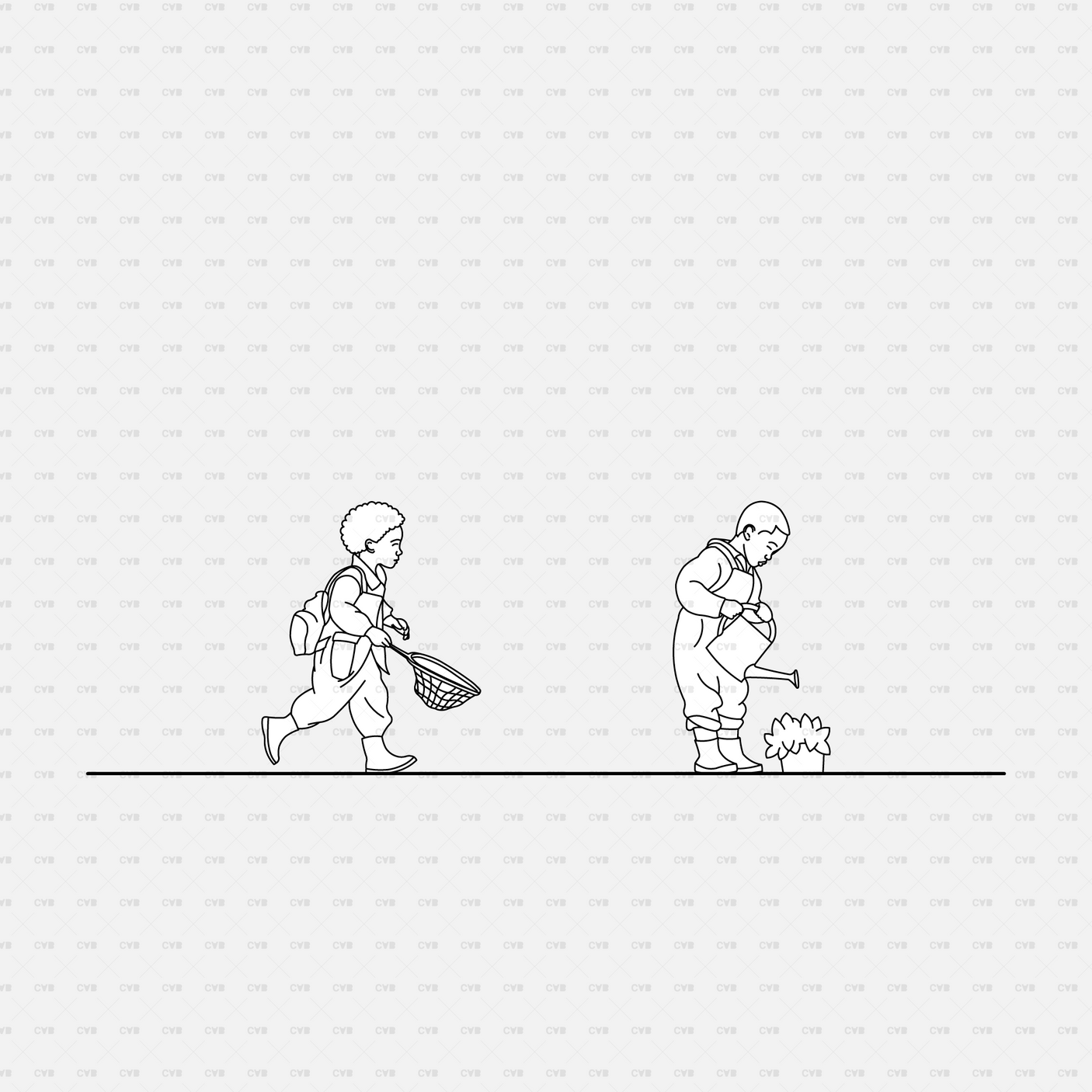 CAD People gardening pack CADasbuilt AI SVG - children with net and boy watering small shrub, side view