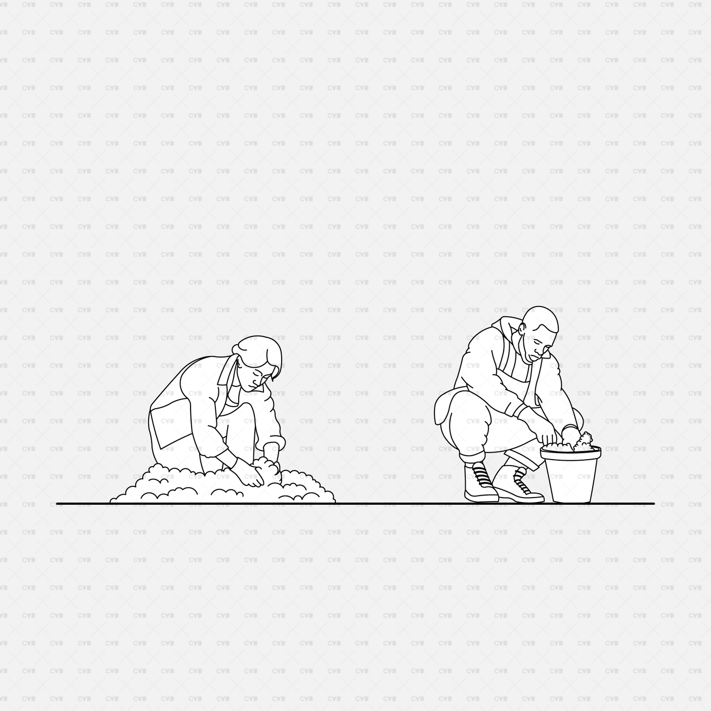 CAD People gardening pack CADasbuilt AI SVG - two gardeners kneeling, planting and potting flowers