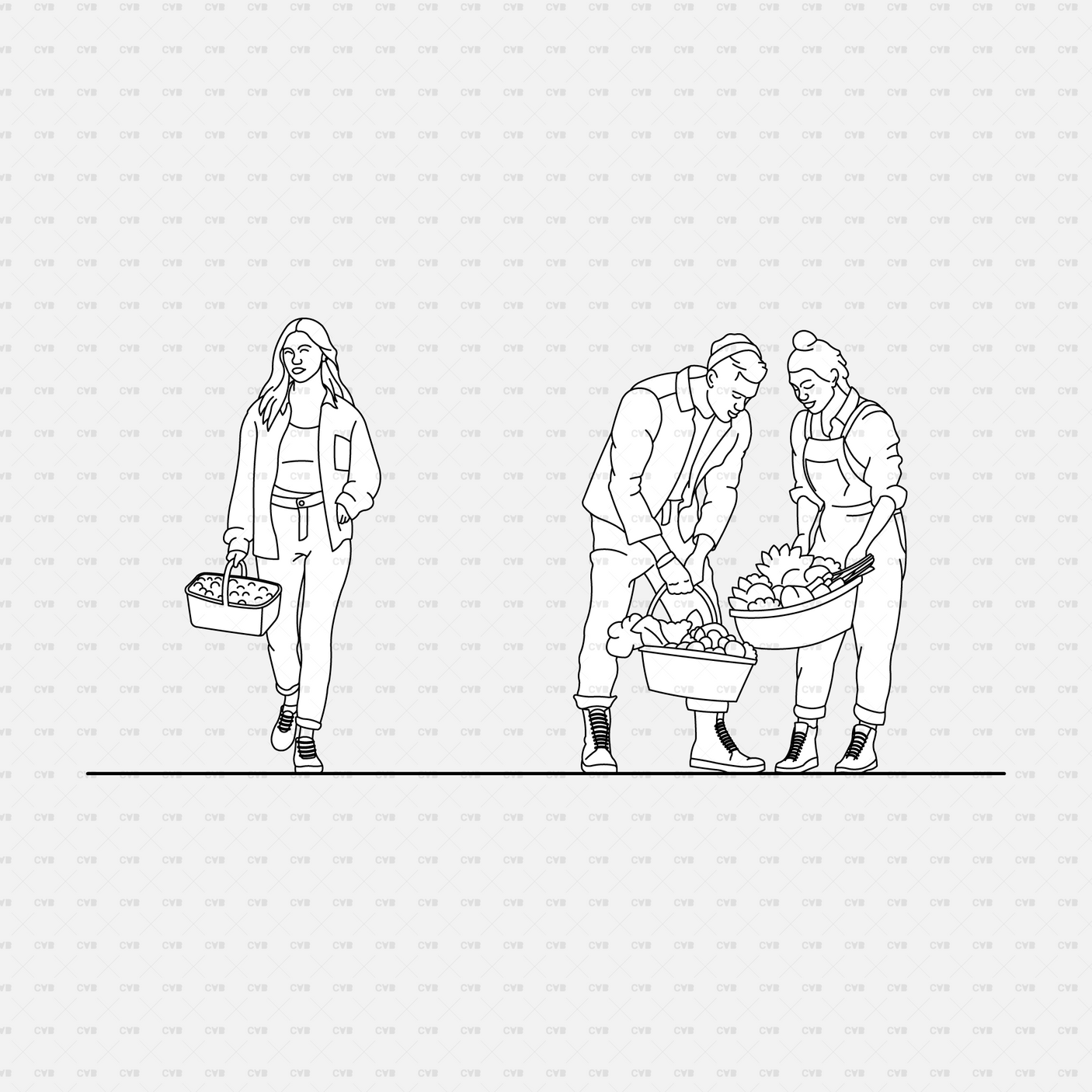 CAD People gardening pack CADasbuilt AI SVG - woman with harvest basket; pair sorting produce baskets