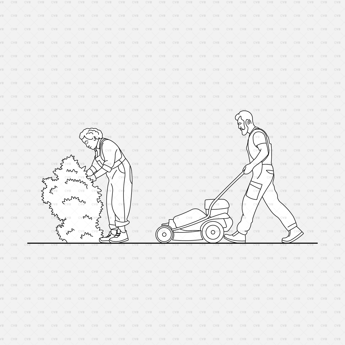 CAD People gardening pack CADasbuilt AI SVG - pruning shrub and mowing lawn with push mower