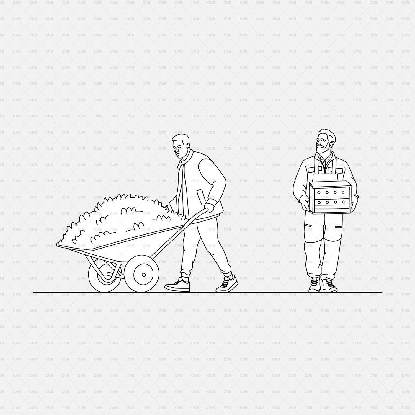 CAD People gardening pack CADasbuilt AI SVG - man pushing wheelbarrow of mulch; worker carrying crate