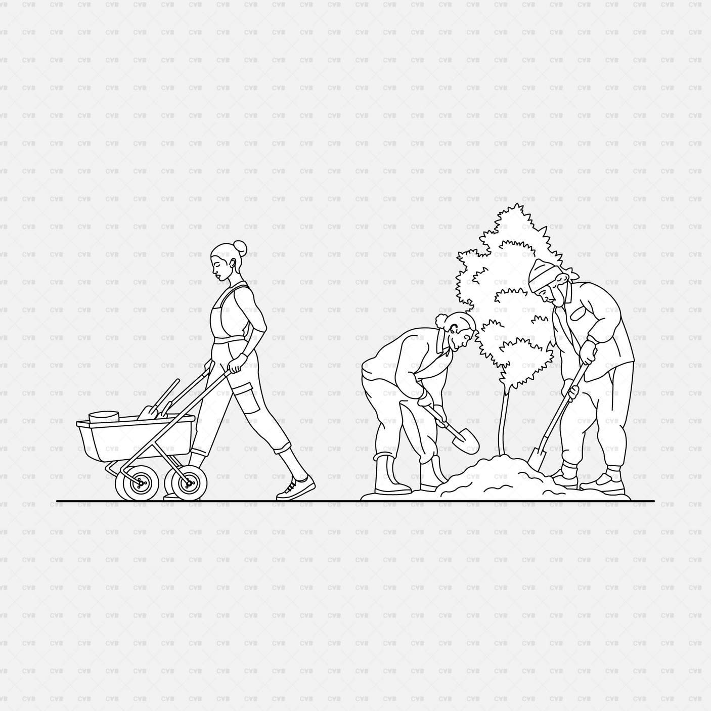 CAD People gardening pack CADasbuilt AI SVG - tool cart pushed; two gardeners digging to plant a tree