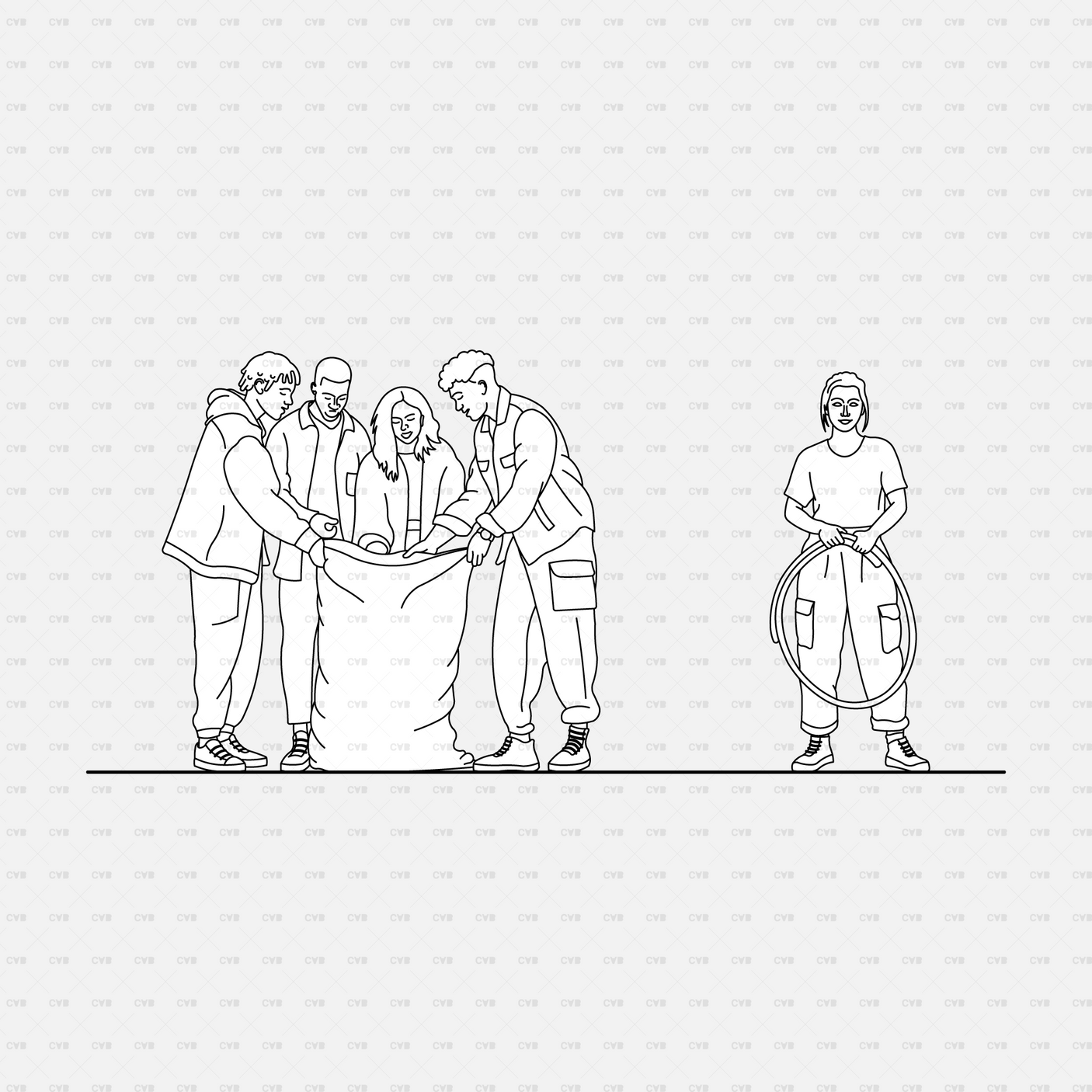 CAD People gardening pack CADasbuilt AI SVG - group bagging yard waste; woman holding coiled hose