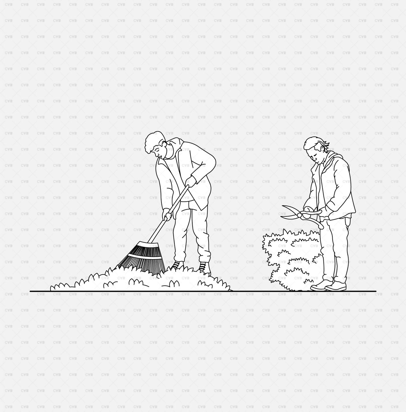 CAD People gardening pack CADasbuilt AI SVG - sweeping leaves with broom; trimming hedge with shears