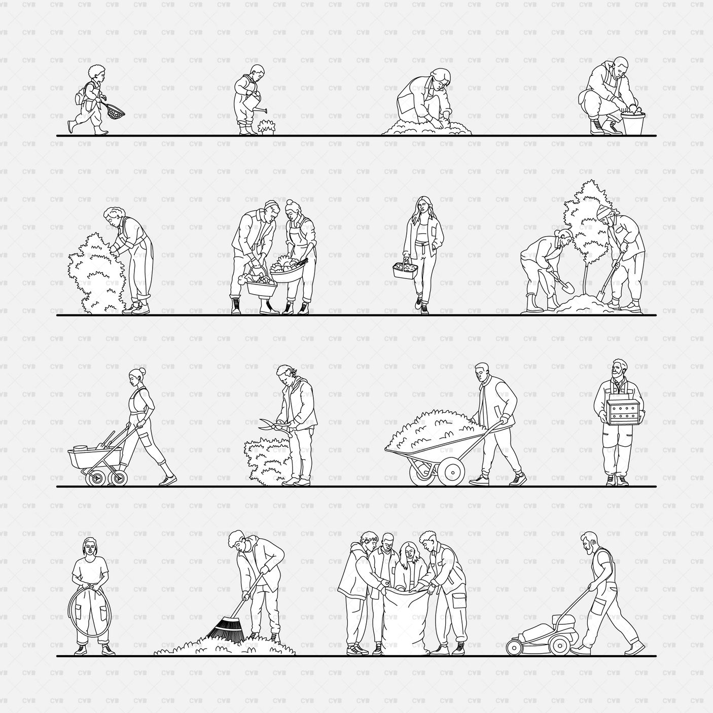 CAD People gardening pack CADasbuilt AI SVG - collection of gardening people CAD poses and activities