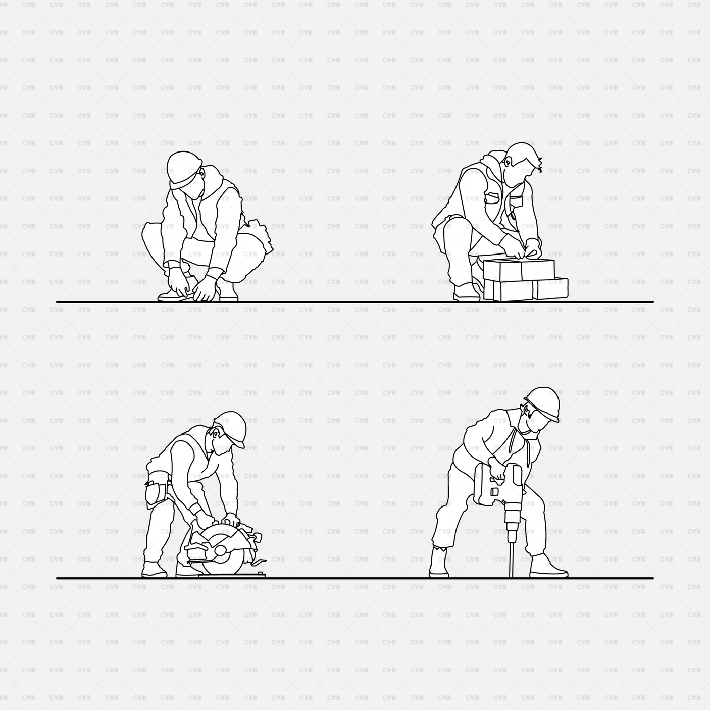 CAD People at a construction site pack CADasbuilt AI SVG workers tiling, stacking blocks, using saw and jackhammer