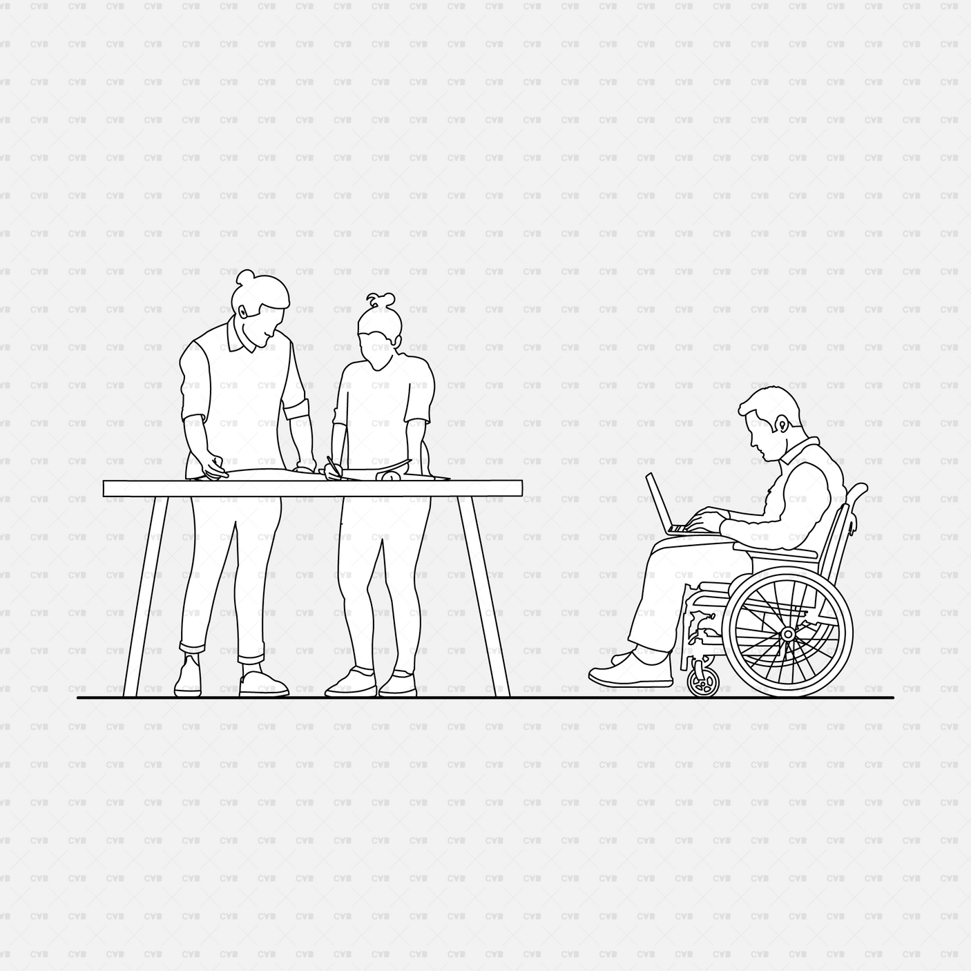 CAD People at a construction site pack CADasbuilt AI SVG two at drafting table, colleague in wheelchair on laptop