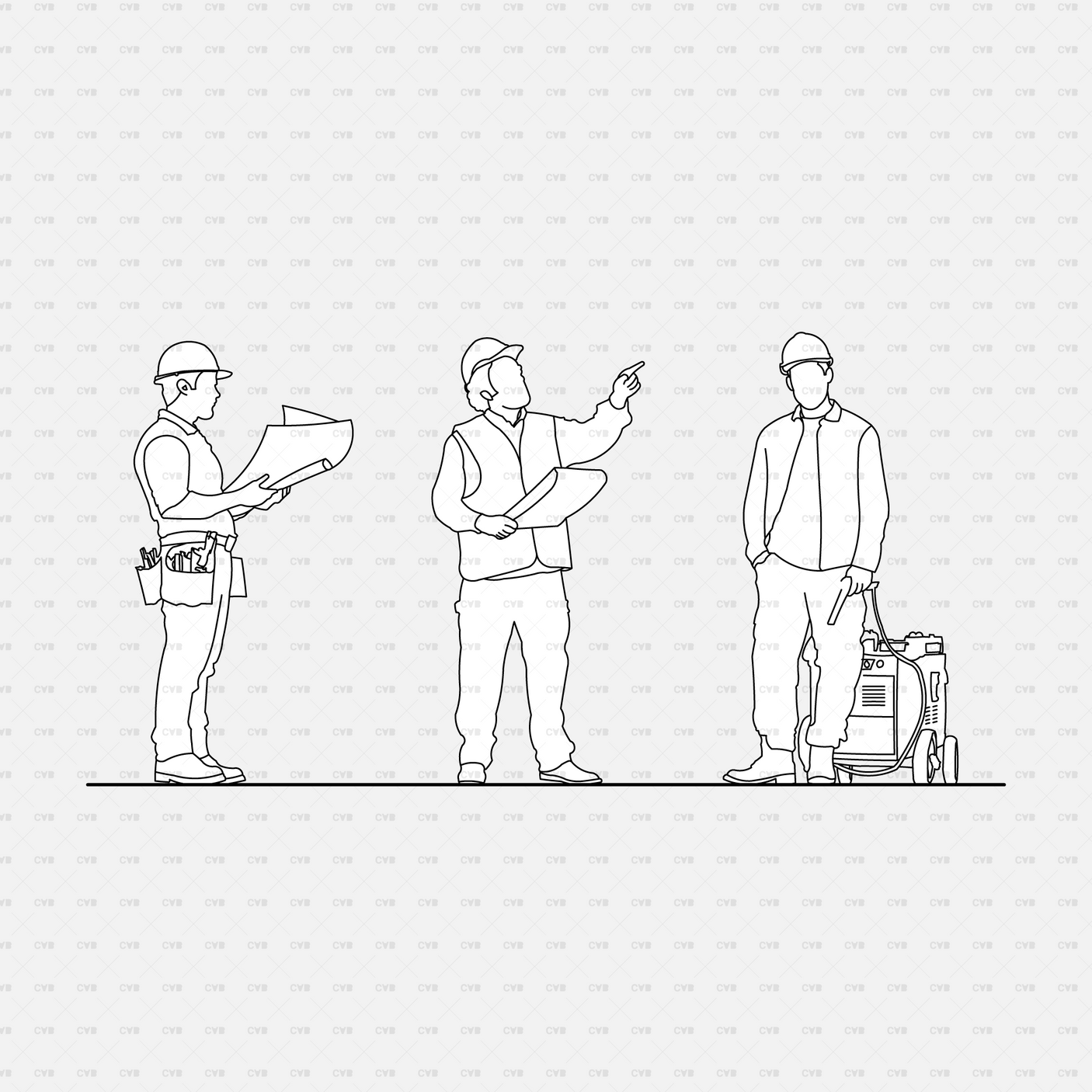 CAD People at a construction site pack CADasbuilt AI SVG crew reviewing blueprints on site, one pointing at plans