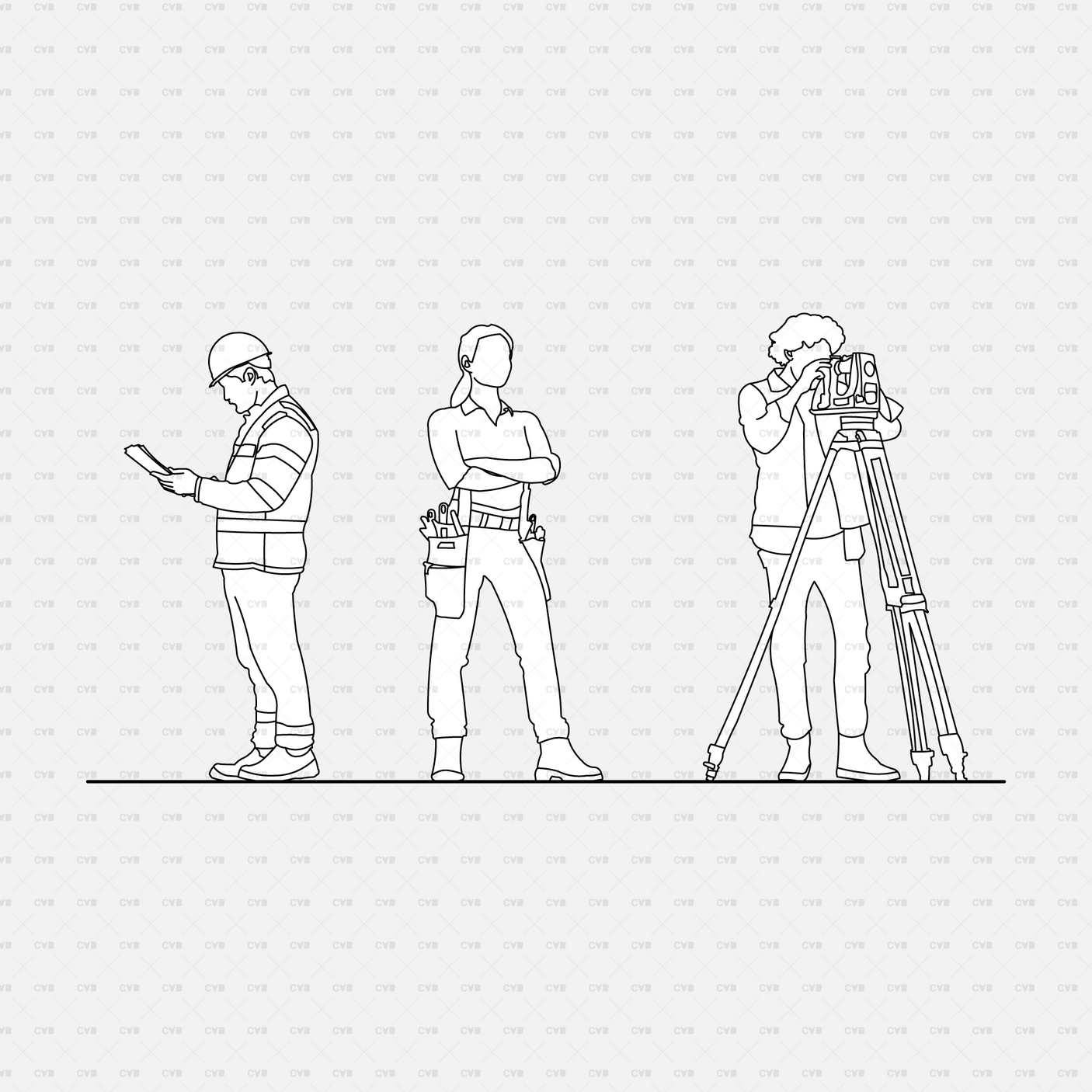 CAD People at a construction site pack CADasbuilt AI SVG surveyor with tripod, worker on tablet, foreman arms crossed