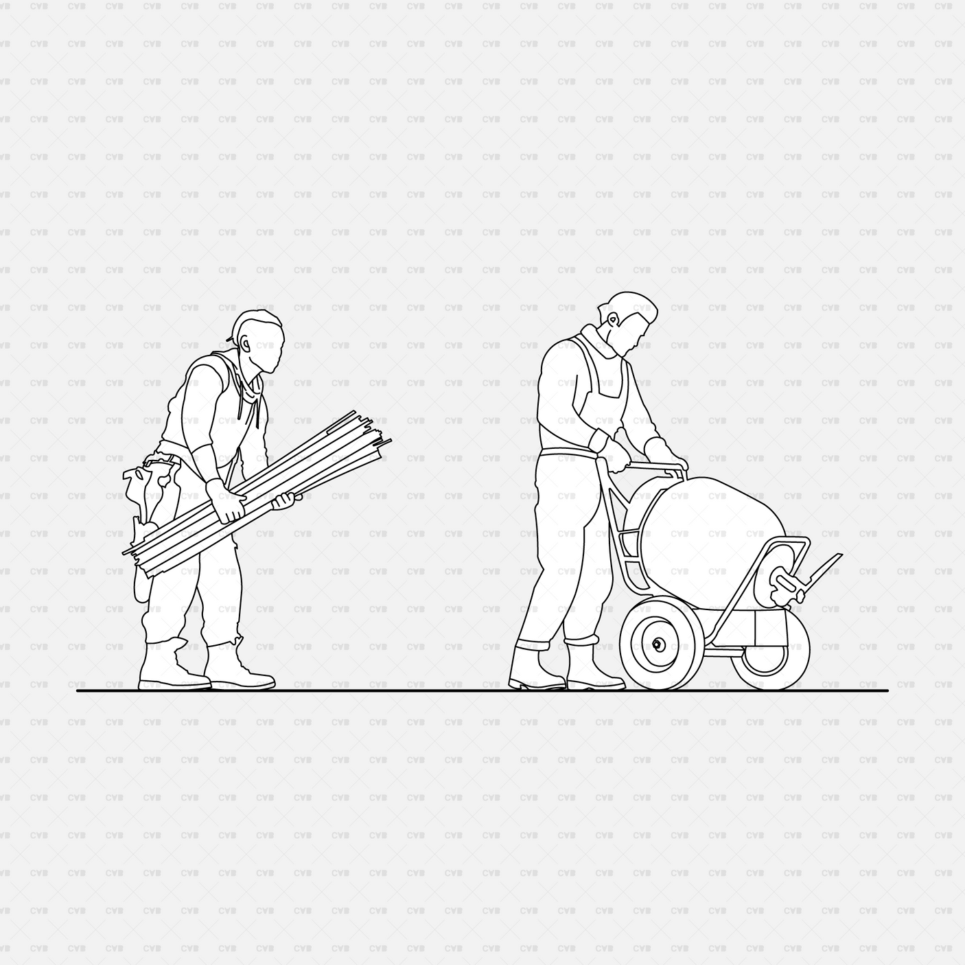 CAD People at a construction site pack CADasbuilt AI SVG worker carrying pipes; operator using portable cement mixer