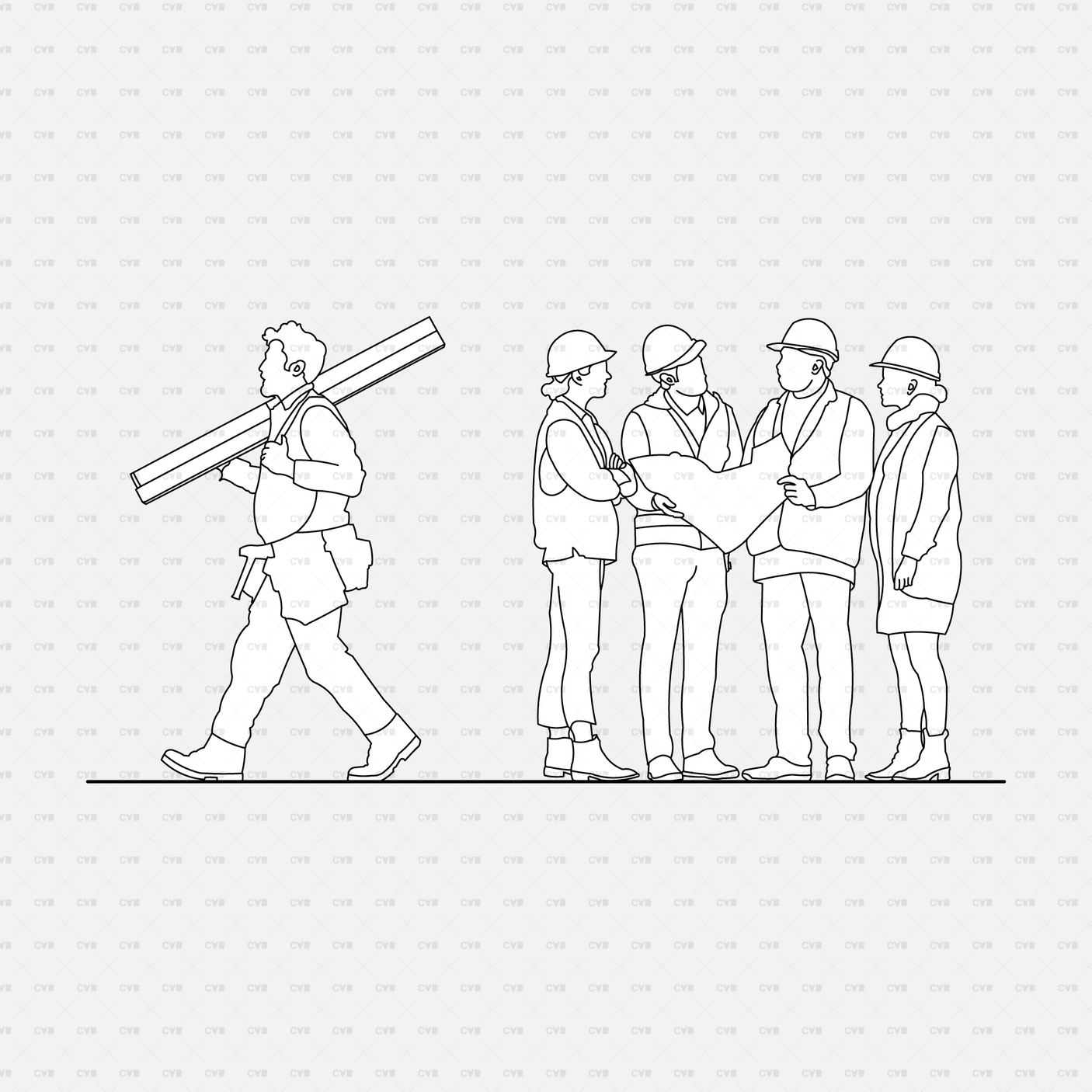 CAD People at a construction site pack CADasbuilt AI SVG carpenter carrying timber; group discussing site plans