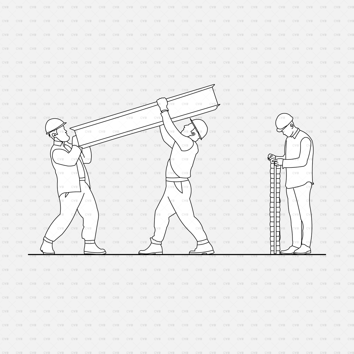 CAD People at a construction site pack CADasbuilt AI SVG team lifting steel beam; worker measuring rebar column