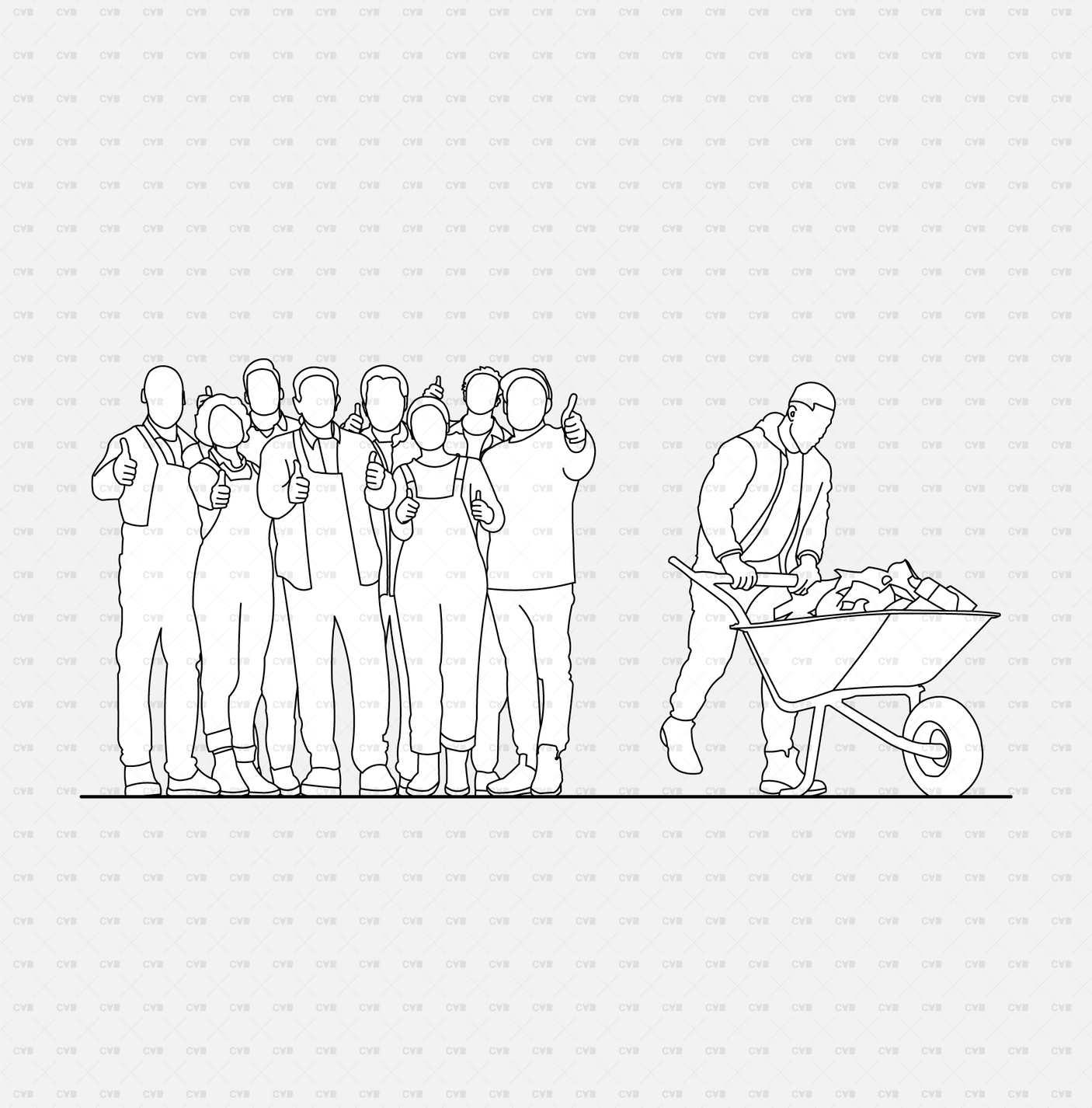 CAD People at a construction site pack CADasbuilt AI SVG crew giving thumbs up; worker pushing debris wheelbarrow