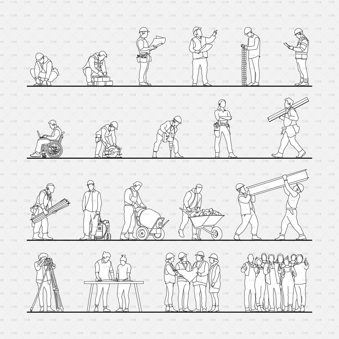 CAD People at a construction site pack CADasbuilt AI SVG collection of construction workers in action, plans, tools