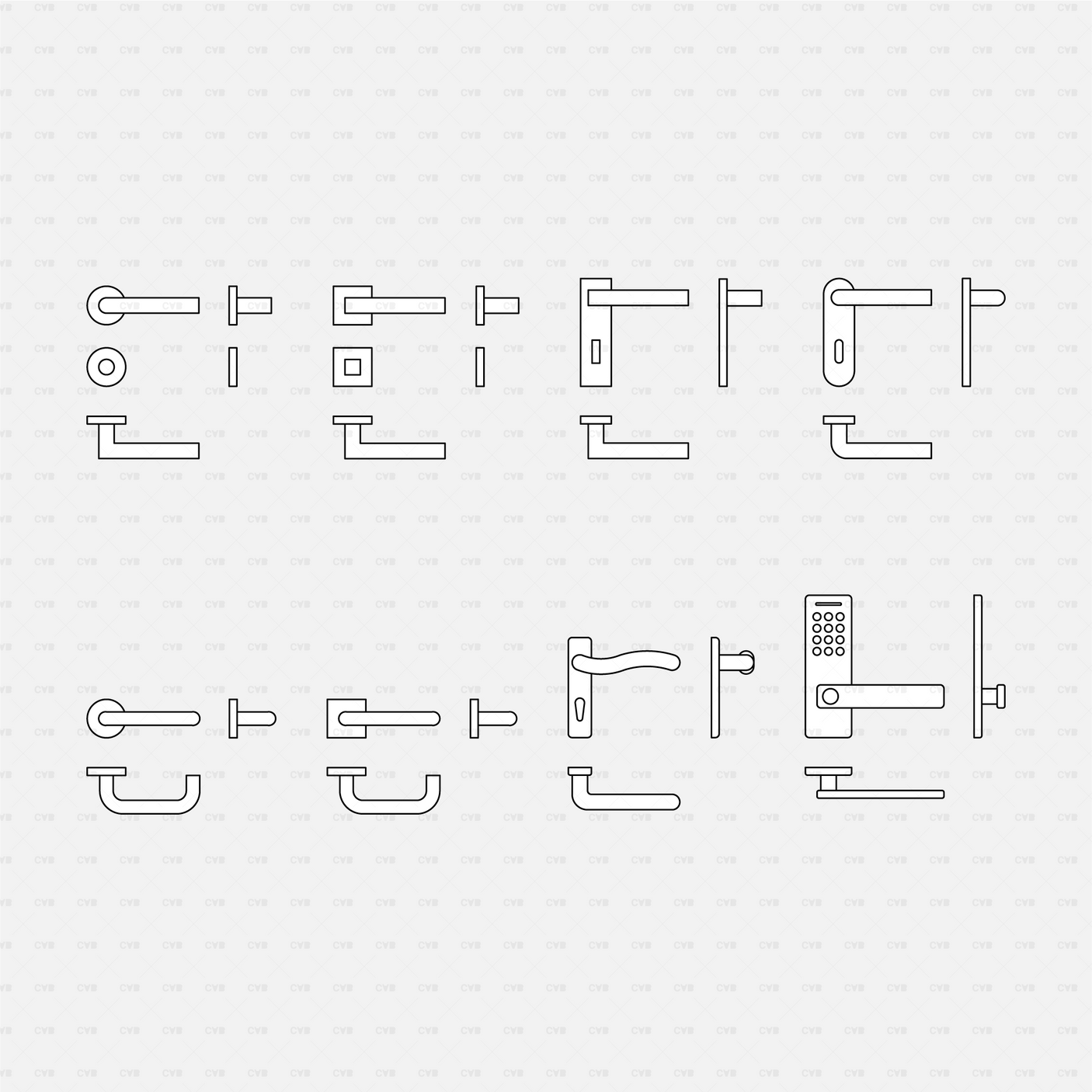 CAD Dynamic Blocks Door Handles CADasbuilt BIM Blocks DWG Lever Handles Sheet With Round Square Rosettes And Keypad Lock Views