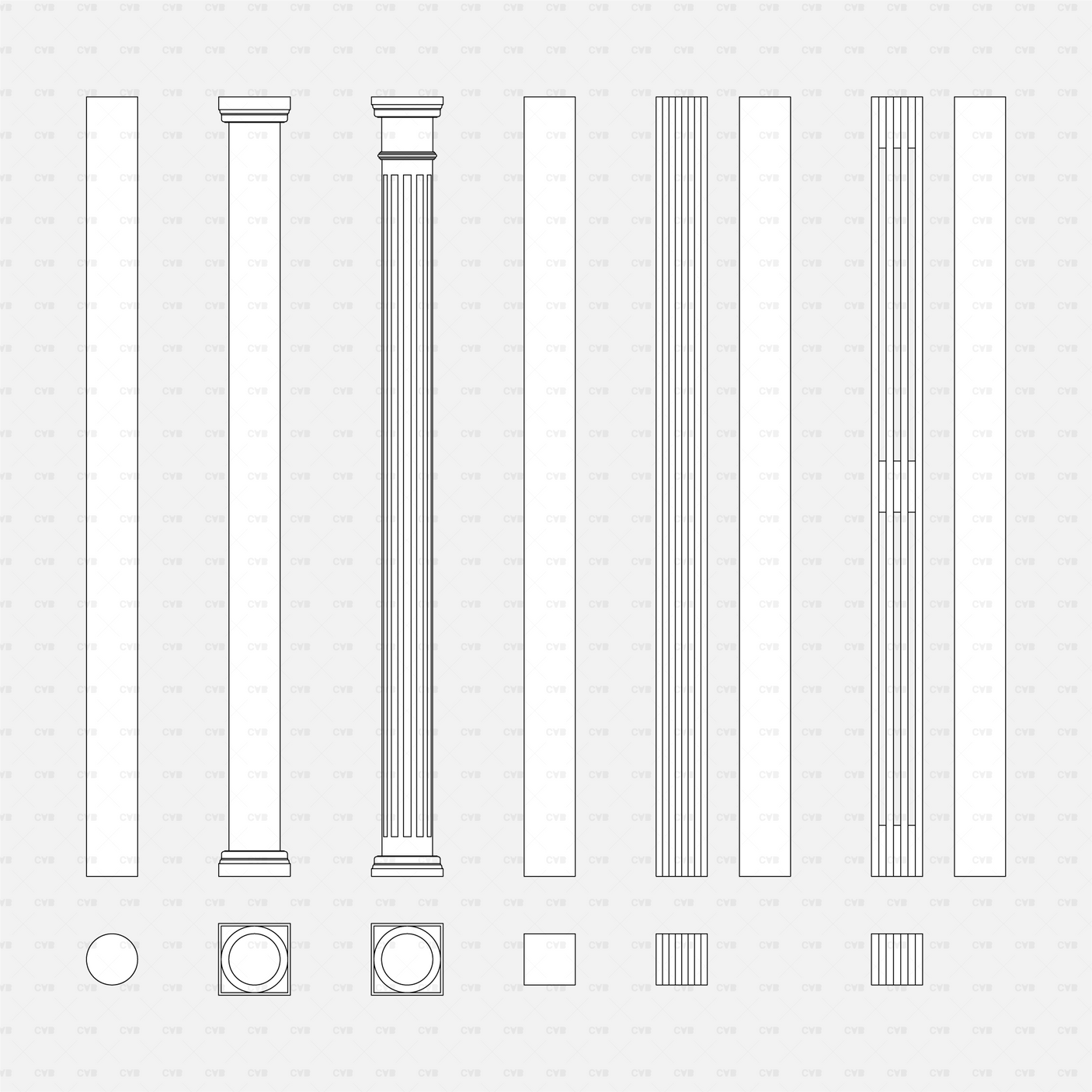Dynamic CAD Wood Columns CADasbuilt BIM Blocks DWG Classical And Plain Column Elevations With Fluted Round And Square Plans