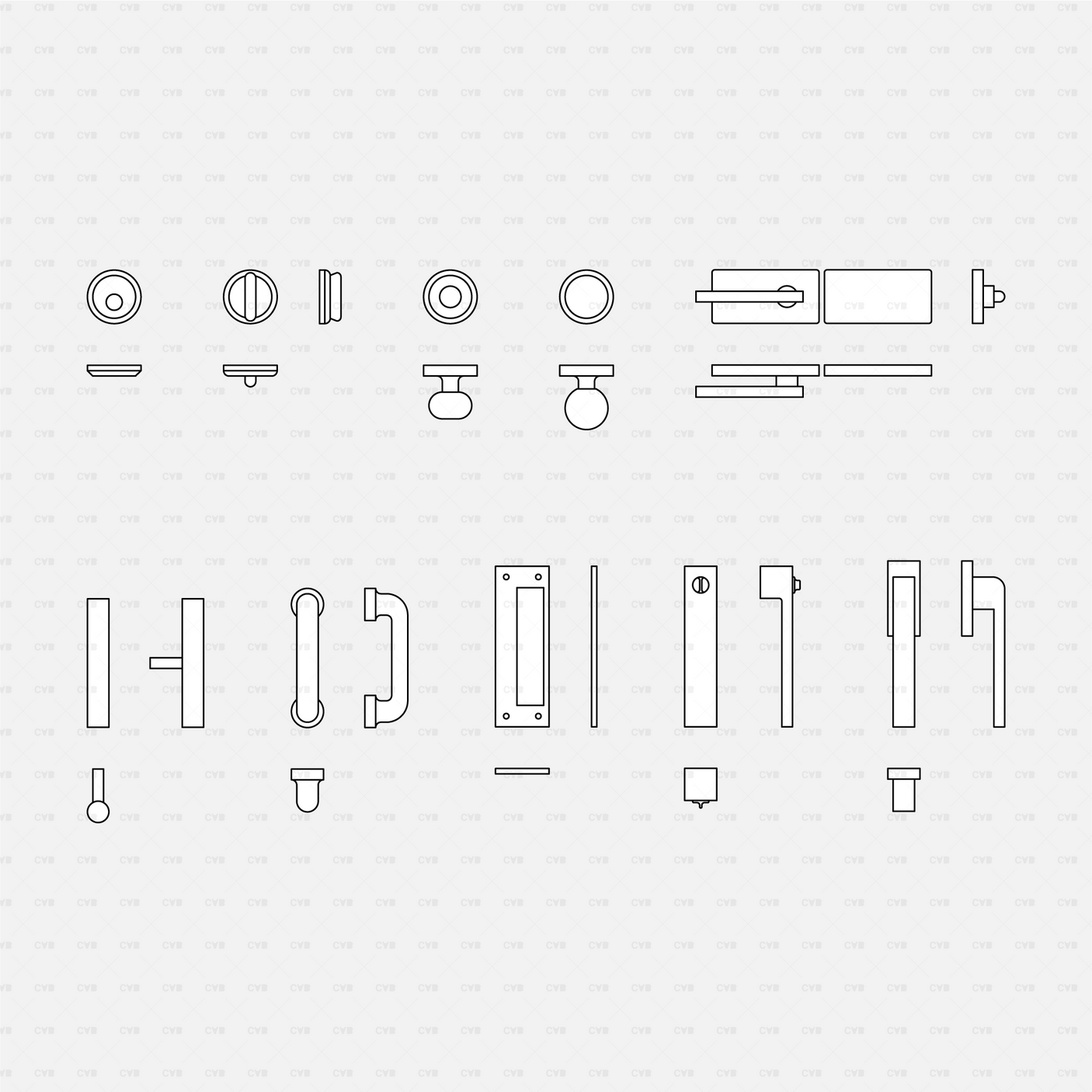 CAD Dynamic Blocks Door Handles CADasbuilt BIM Blocks DWG Knobs Latches Pulls And Flush Pocket Handles Plan Elevation Set