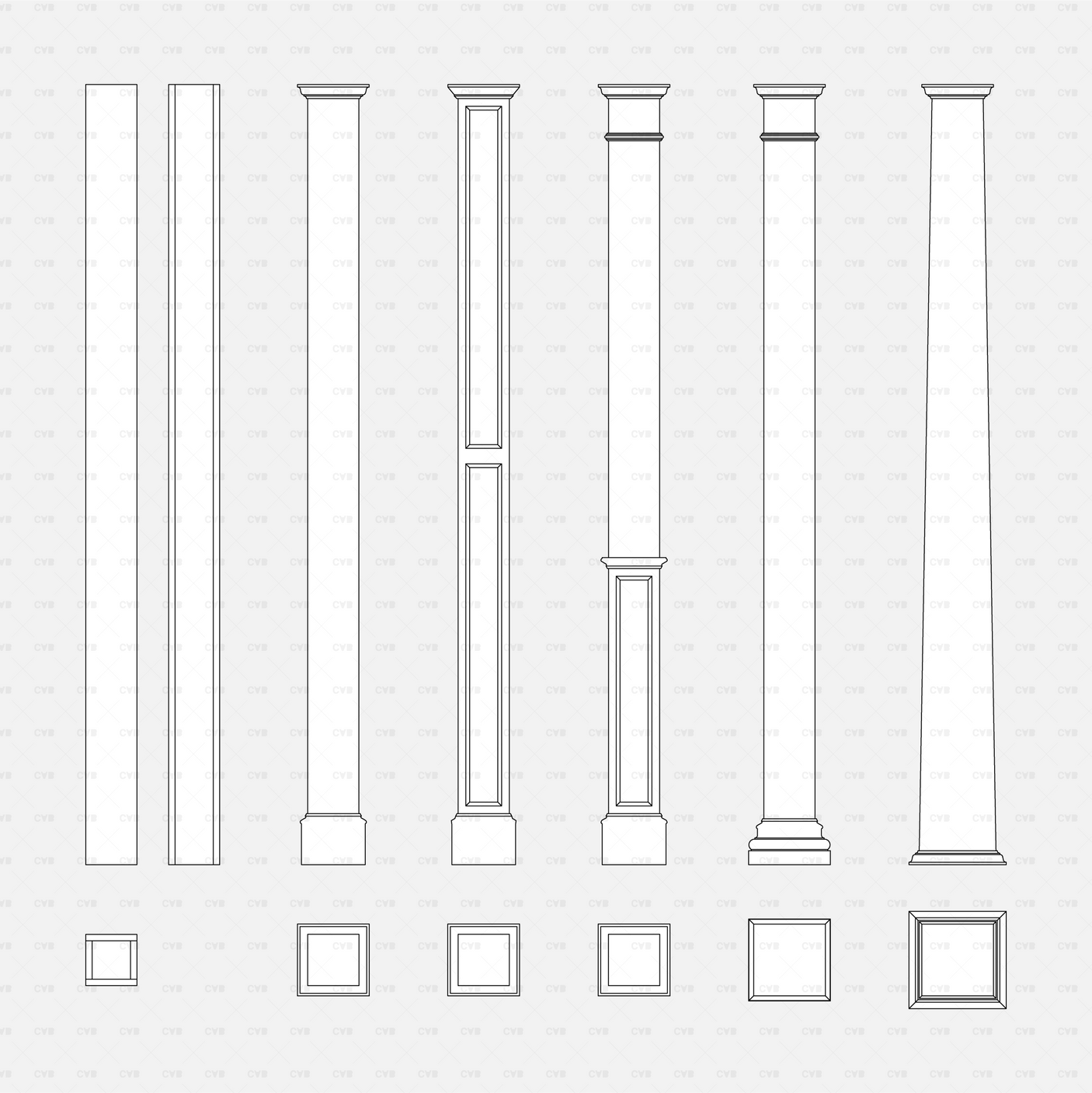 Dynamic CAD Wood Columns CADasbuilt BIM Blocks DWG Tapered Paneled And Square Columns Elevations With Matching Plan Symbols