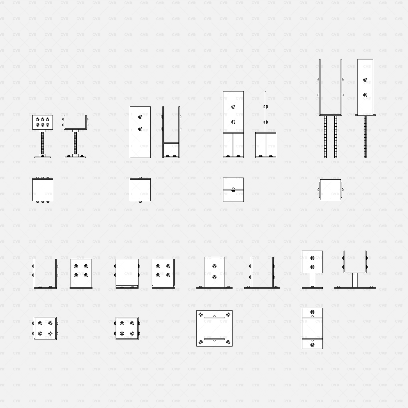 Dynamic CAD Wood Columns CADasbuilt BIM Blocks DWG Post Base Brackets Front Side Plan Views With Various Fastener Patterns