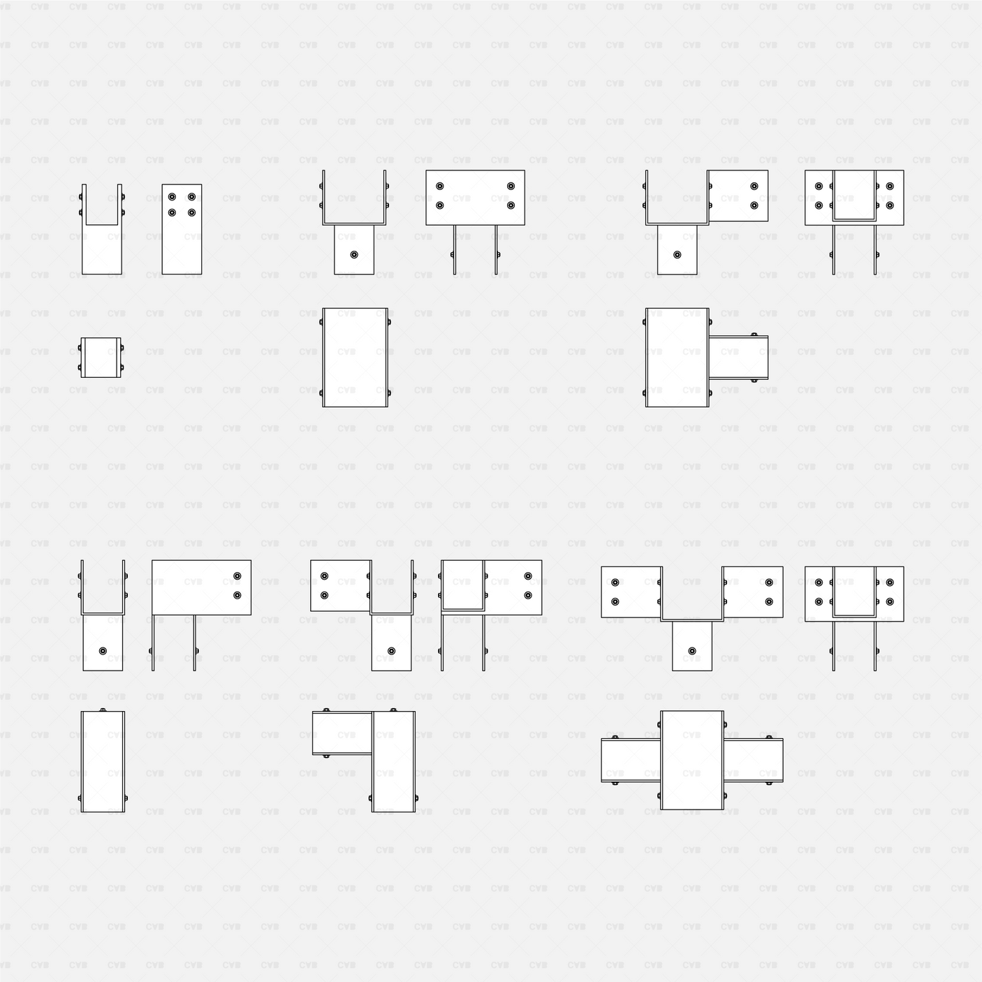 Dynamic CAD Wood Columns CADasbuilt BIM Blocks DWG Beam Seat And Angle Brackets Multiple Fastener Layouts Front And Plan