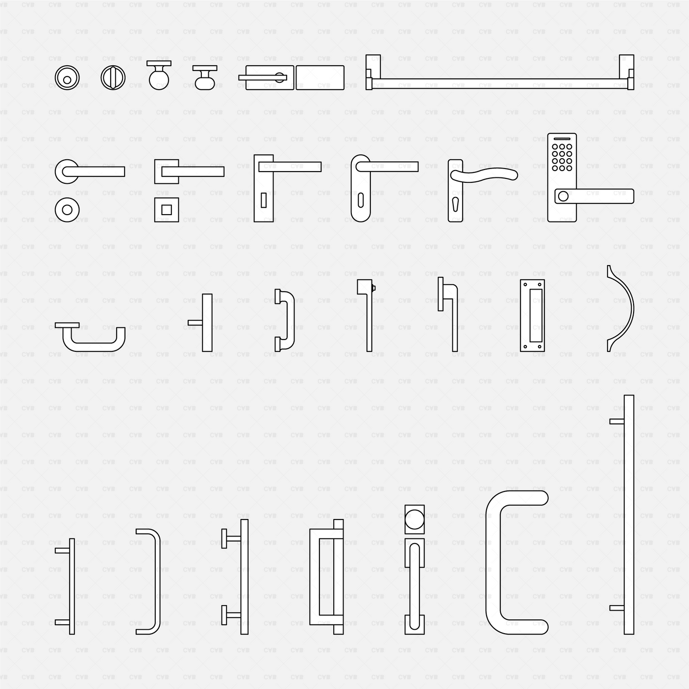 CAD Dynamic Blocks Door Handles CADasbuilt BIM Blocks DWG Overview Sheet With Lever Knob Pull And Push Handle Designs