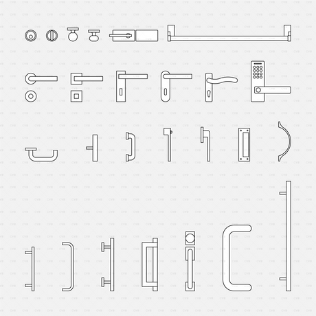 CAD Dynamic Blocks Door Handles CADasbuilt BIM Blocks DWG Overview Sheet With Lever Knob Pull And Push Handle Designs