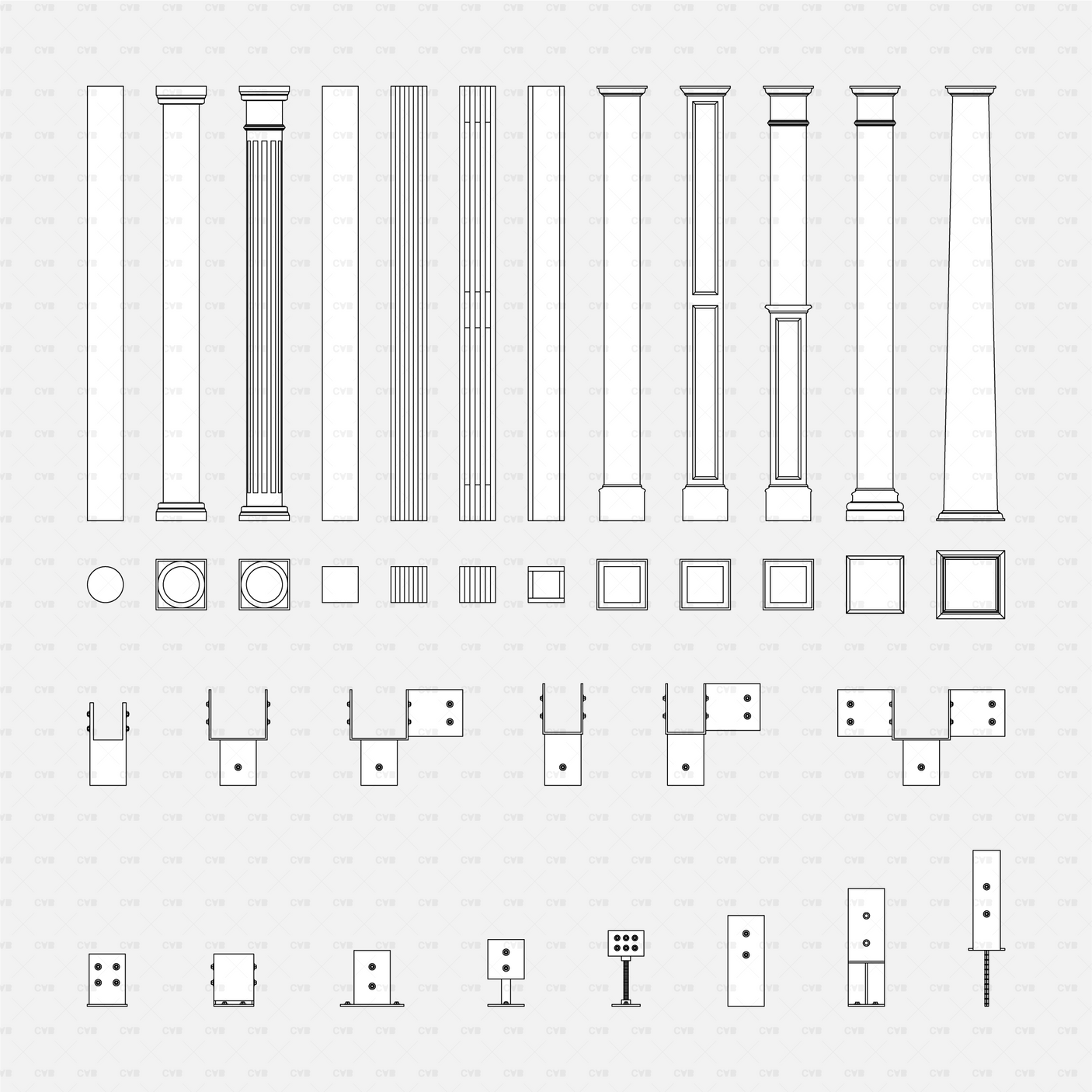 Dynamic CAD Wood Columns CADasbuilt BIM Blocks DWG Complete Black Line Sheet Combining Column Styles And Timber Brackets