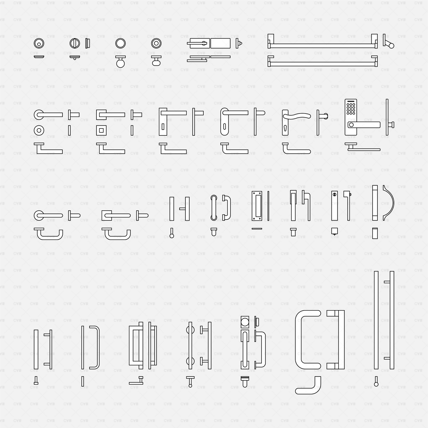 CAD Dynamic Blocks Door Handles CADasbuilt BIM Blocks DWG Complete Black Line Sheet Showing 40 Plus Handle Types And Views