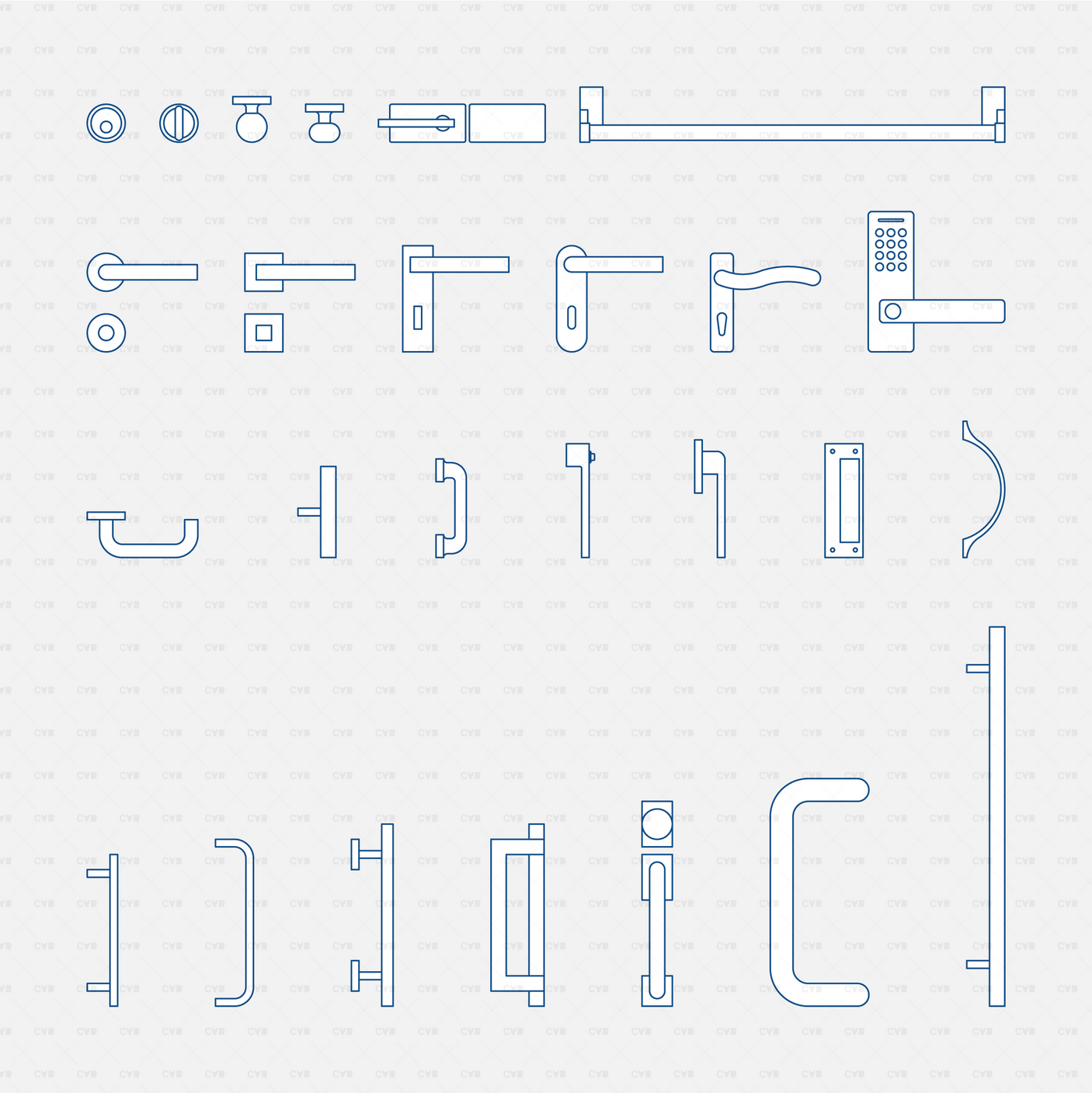 CAD Dynamic Blocks Door Handles CADasbuilt BIM Blocks DWG Blue Line Overview Sheet With Lever Knob Pull And Push Handle Designs