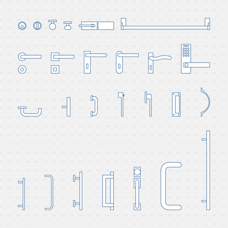CAD Dynamic Blocks Door Handles CADasbuilt BIM Blocks DWG Blue Line Overview Sheet With Lever Knob Pull And Push Handle Designs