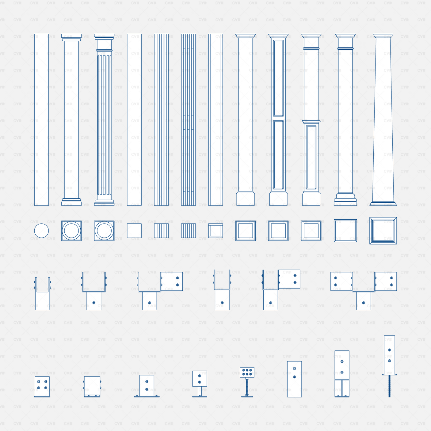 Dynamic CAD Wood Columns CADasbuilt BIM Blocks DWG Blue Line Sheet Showing Column Profiles Bases And Wood Connection Hardware