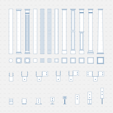 Dynamic CAD Wood Columns CADasbuilt BIM Blocks DWG Blue Line Sheet Showing Column Profiles Bases And Wood Connection Hardware