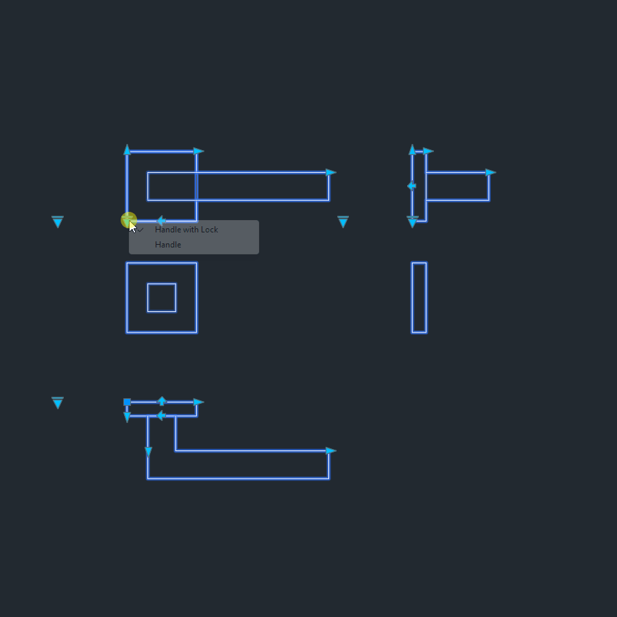 Cad Dynamic Blocks Door Handles CADasbuilt BIM Blocks DWG Interactive GIF Showing Handle Type Toggle And Grip Stretch
