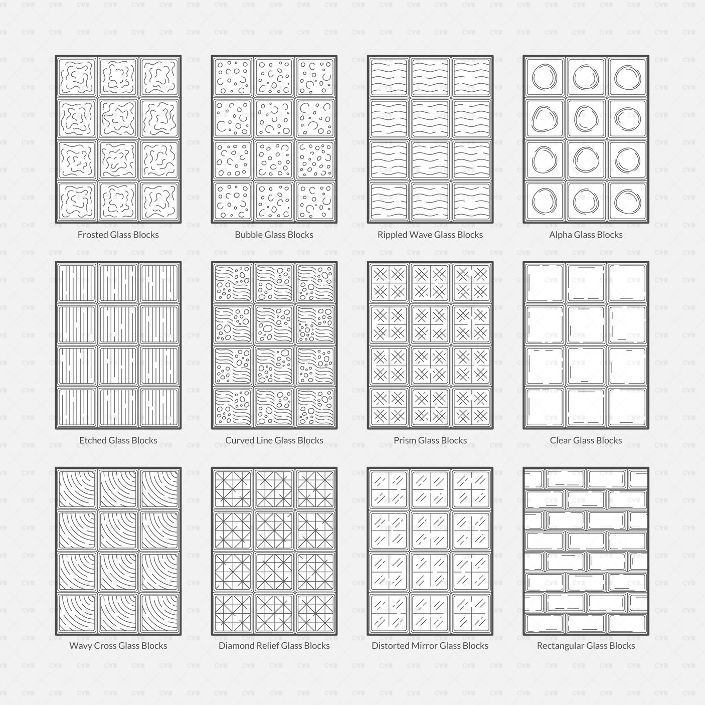 Vector Illustrator Pattern glass blocks CADasbuilt AI SVG – Collection overview sheet showing 12 pattern thumbnails