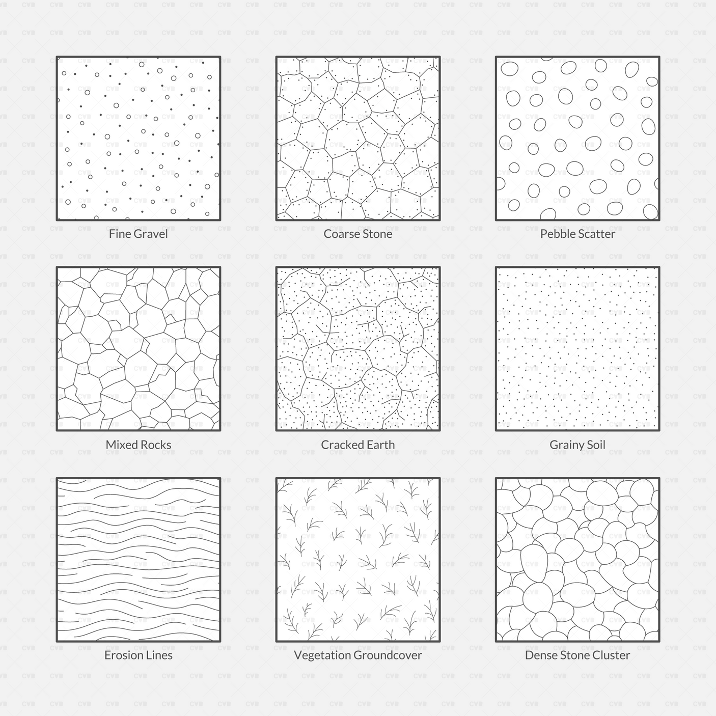 Vector Illustrator Pattern Ground CADasbuilt AI SVG pack overview of nine swatches: gravel, stone, pebbles, soil, erosion, vegetation.