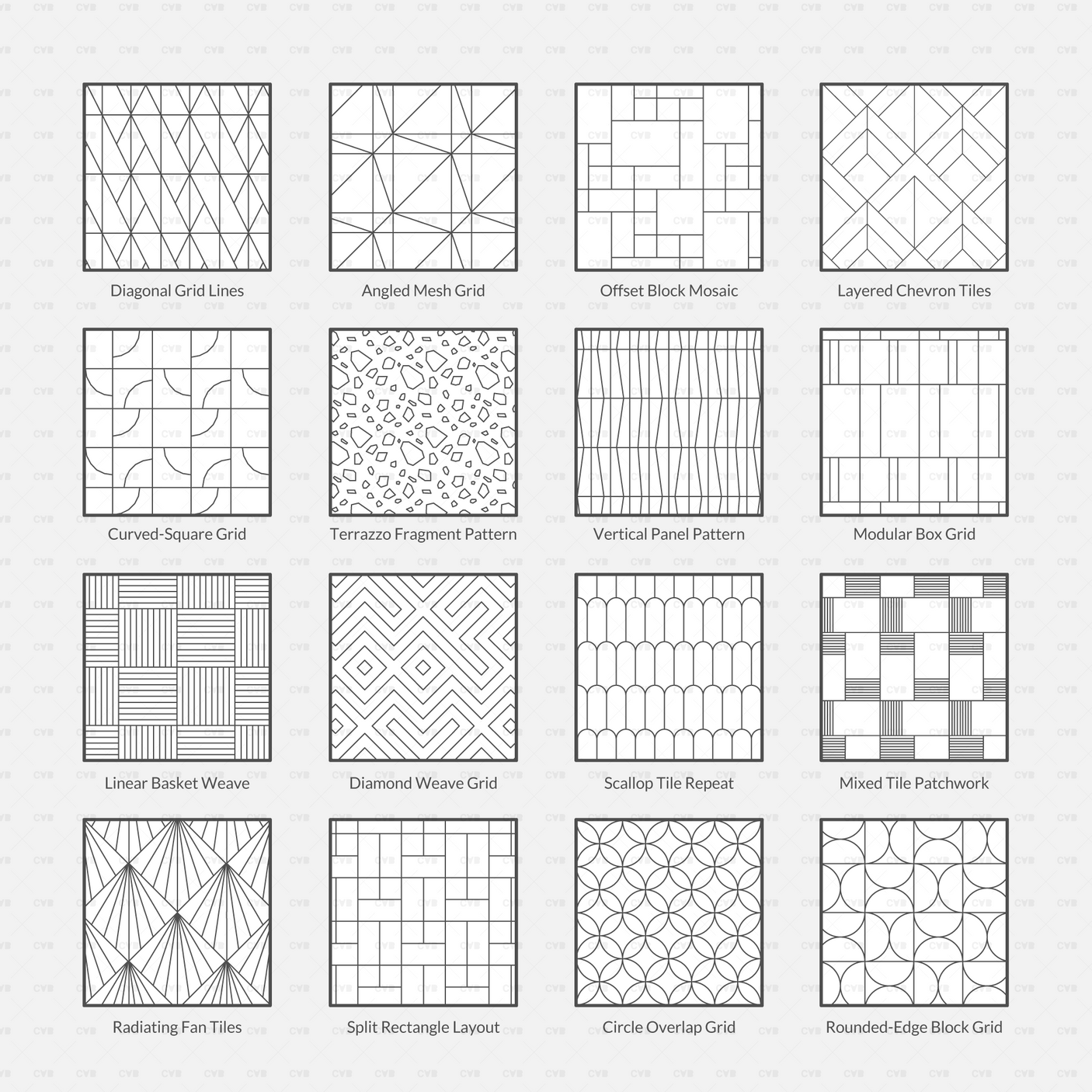 Illustrator Pattern Modern Popular Tiles CADasbuilt AI SVG Overview Sheet Showing Sixteen Modern Tile Pattern Thumbnails