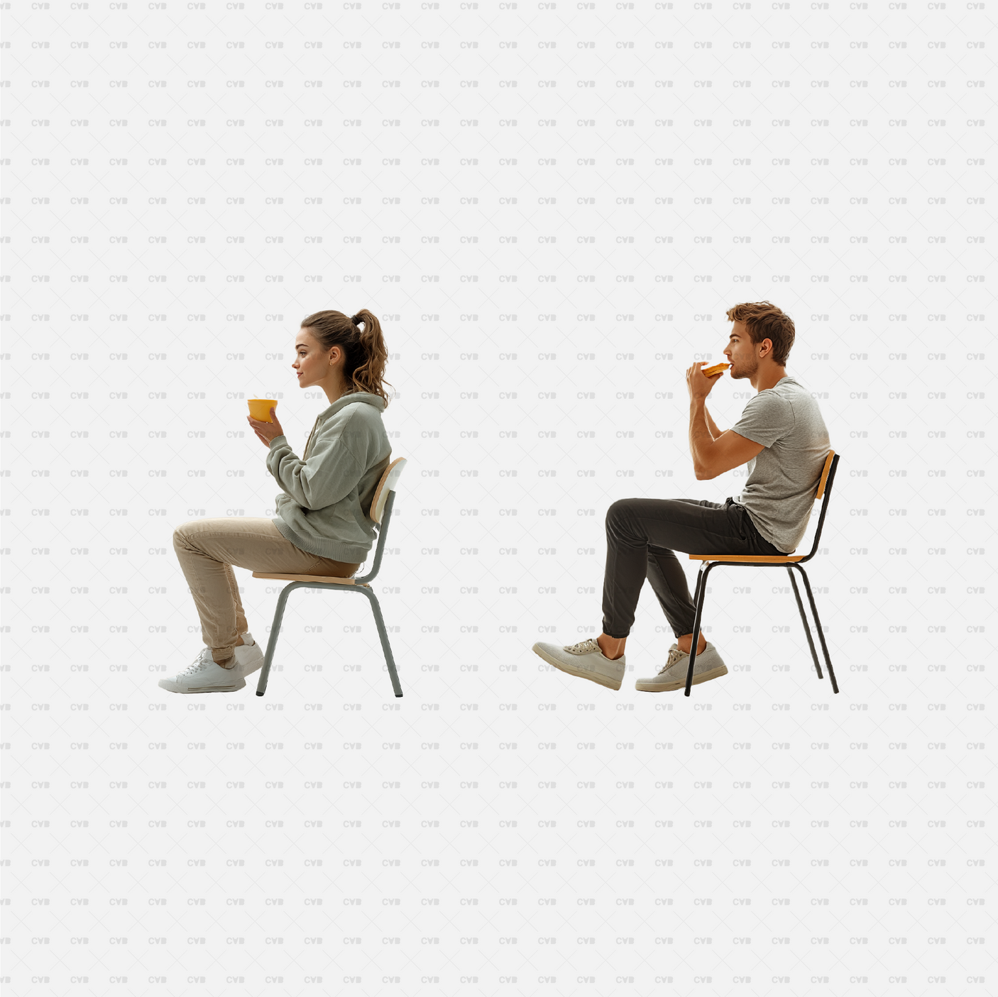 PNG cutouts of a young woman and man sitting on chairs while enjoying drinks and snacks. Ideal for cafes, casual dining, and architectural designs. Download now