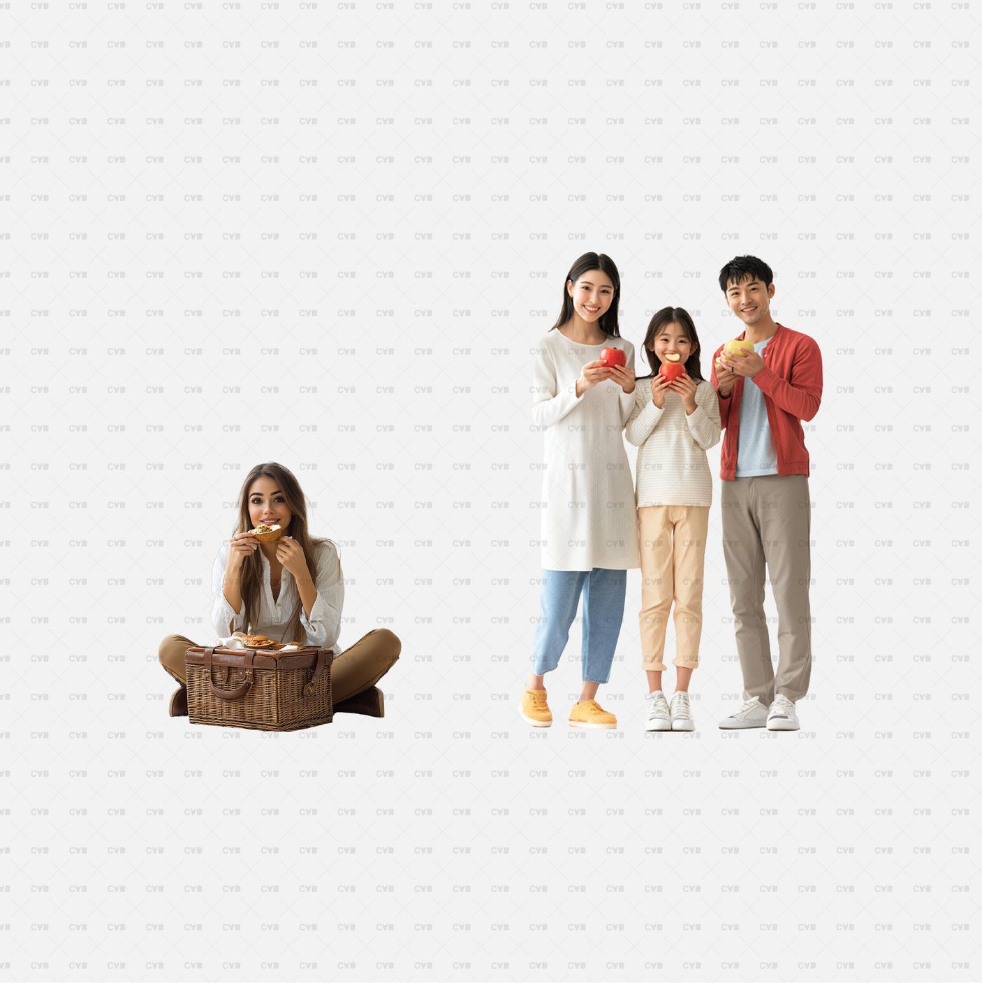 PNG cutouts of a young woman enjoying a picnic with food and a family holding apples, symbolizing healthy eating. Ideal for casual outdoor scenes and dining layouts. Download now.
