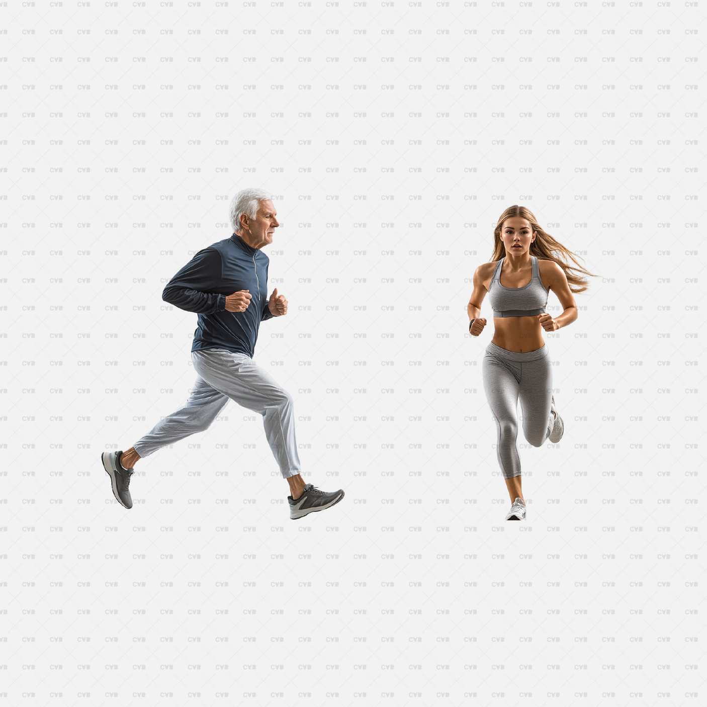 Download PNG cutouts of a senior man and a young woman running in dynamic poses. Ideal for architectural visualizations, fitness designs, and CAD projects.