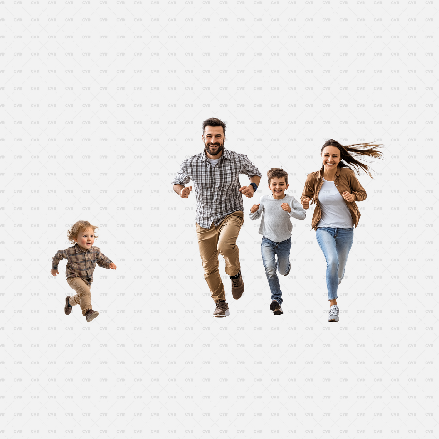 Download PNG cutouts of a joyful family running together, including parents and children. Perfect for architectural visualizations, family-friendly designs, and CAD projects.