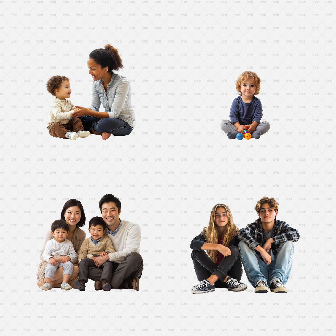 Families and children sitting on the floor, interacting or posing together. These PNG cutouts are ideal for architectural renderings, family-oriented designs, and cozy interiors. Download now for free to elevate your designs. free download