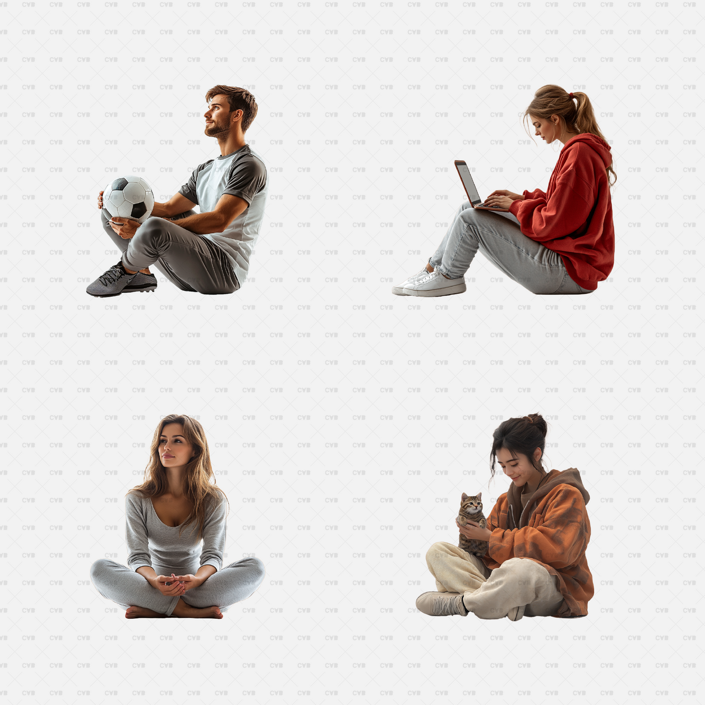 free download Individuals sitting cross-legged or using devices, featuring casual and modern poses. Use these PNG cutouts for architectural visualizations, co-working spaces, or 3D renders. Download free or premium options today.