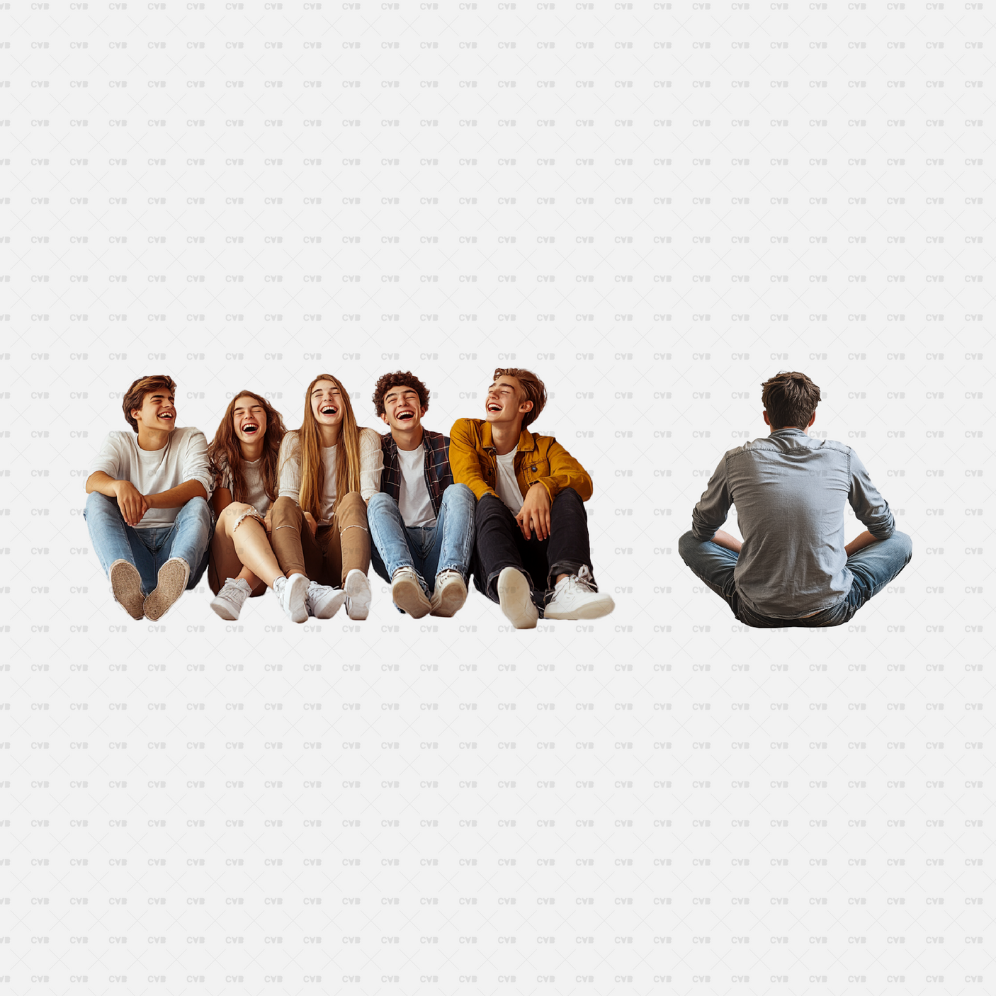 A group of five young adults sitting on the ground, laughing and enjoying themselves. High-quality PNG cutouts for architectural visualizations, outdoor settings, and 3D renderings. Download free or premium versions to enhance your design projects. free download