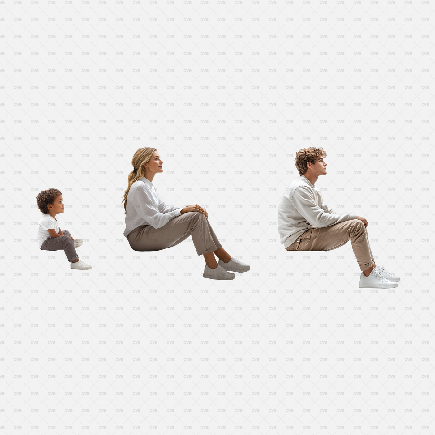 Download PNG cutouts of a child, woman, and man sitting on stairs. Ideal for architectural visualizations, public spaces, and 3D designs. Available now!