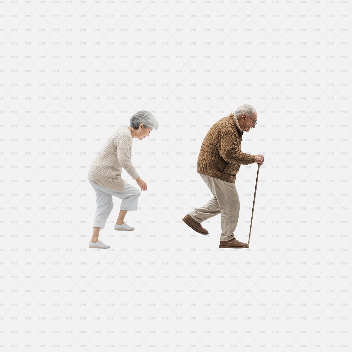 Download PNG cutouts of elderly individuals walking up stairs with care. Ideal for architectural visualizations, public spaces, and senior-friendly designs.